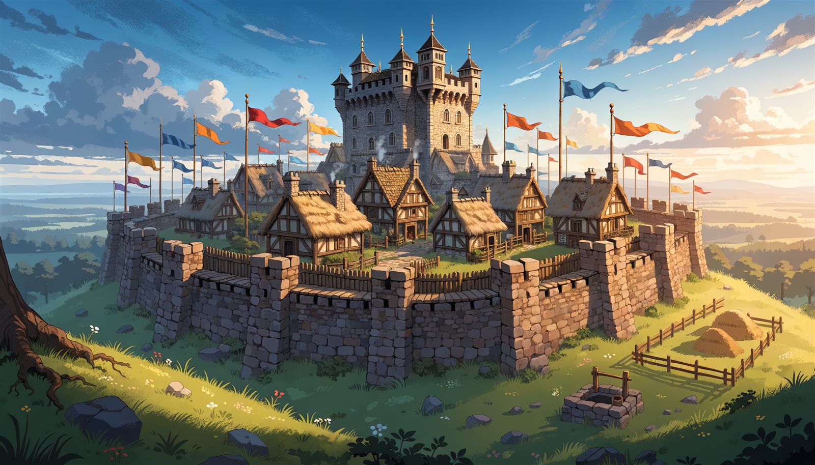 A fortified HORDE village with walls and banners.
