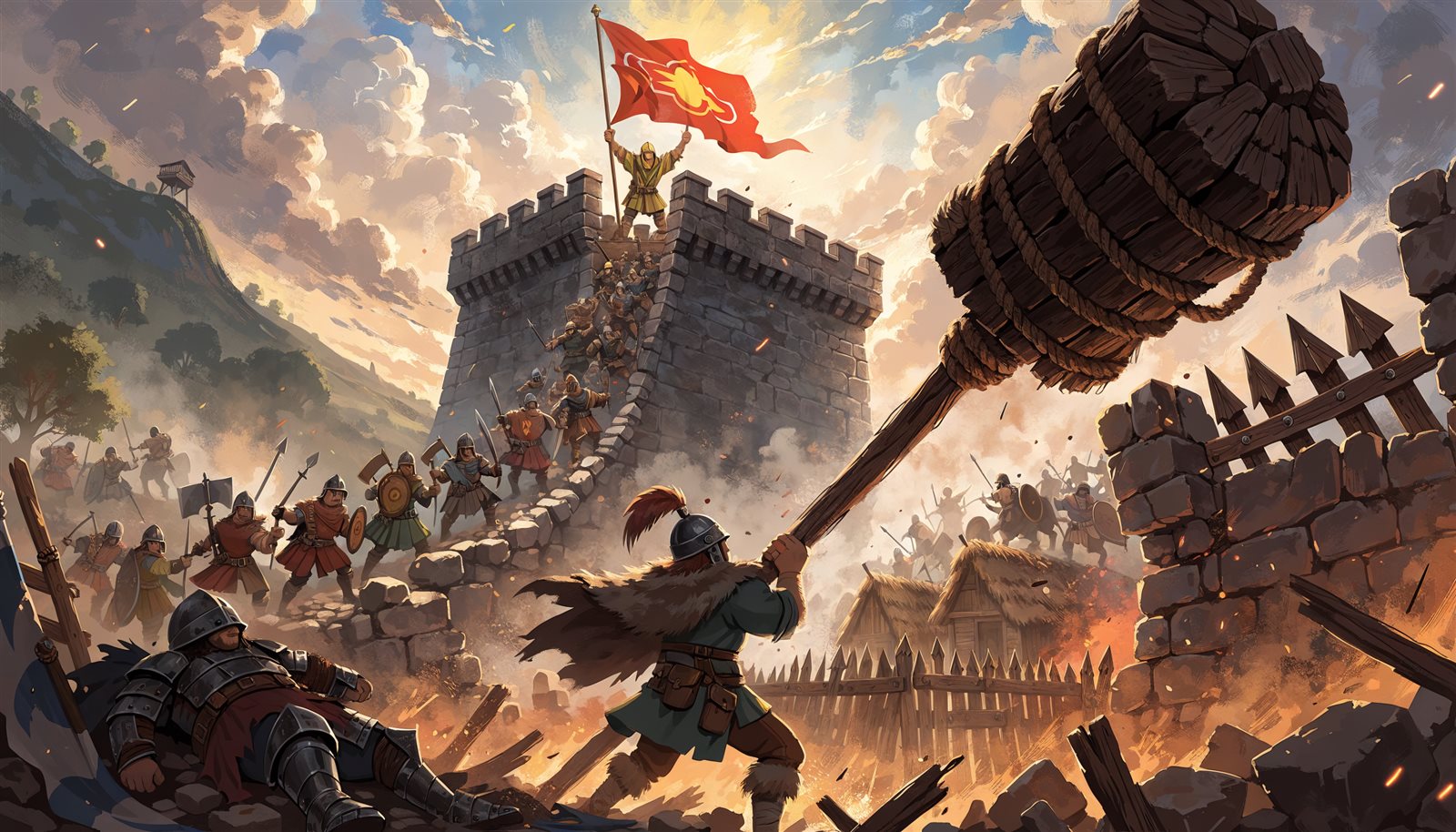 An army storming a captured village.